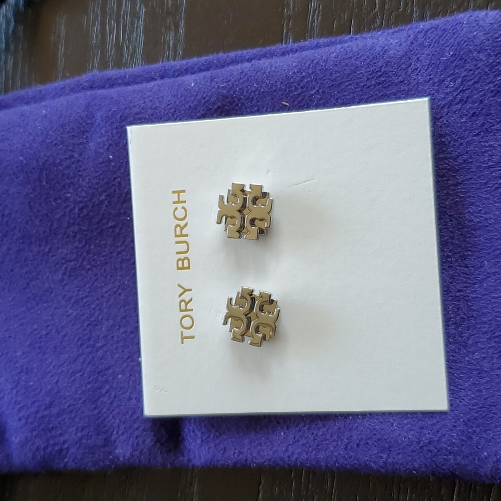 Silver Tory Burch Small "T" Logo Earrings